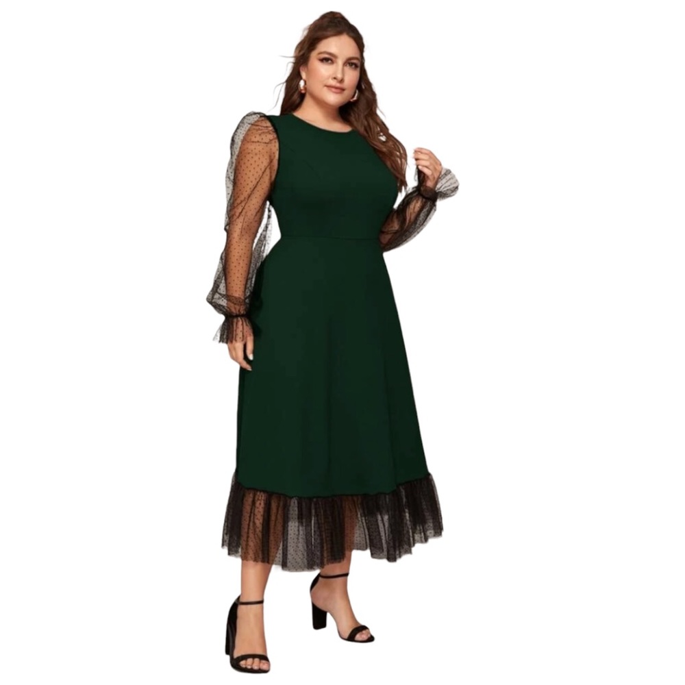SHEIN Women’s Plus Dobby Mesh Long Sleeve Midi Dress - Picture 2 of 4